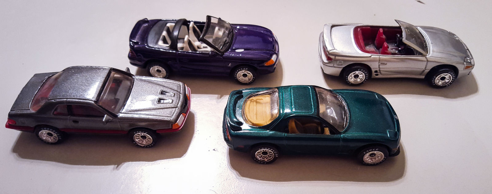 All MBX. Paid $1.69 for the lot of them. Need to be cleaned because they have lots of display dust. Ford T-Bird Turbo Coupe, Mazda RX-7, Mustang Cobra, Mitsubishi 3000GT Spyder