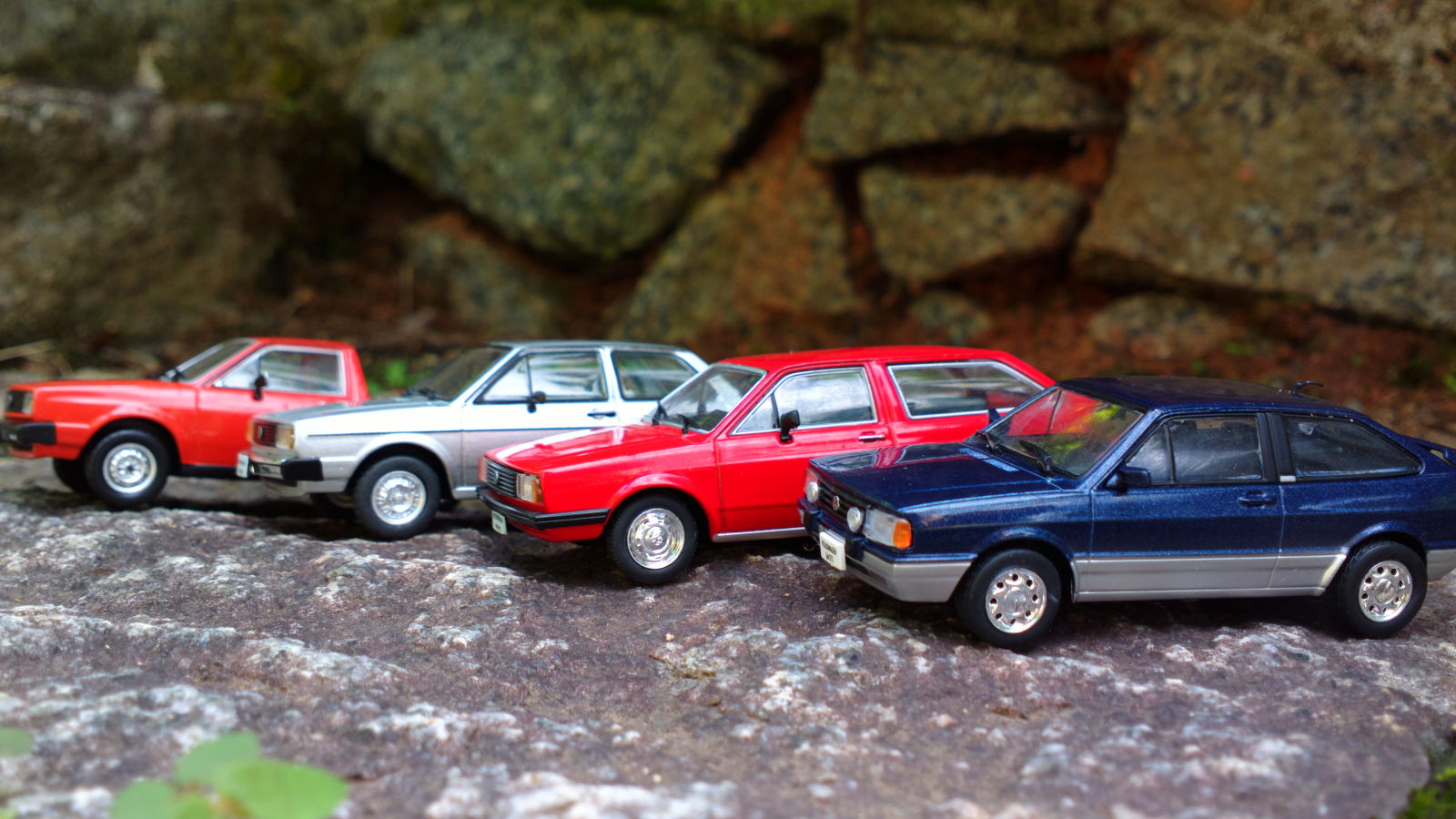 The squarey VW line. From left to right, VW Saveiro, VW Voyage, VW Parati (those two were exported to the US as the Fox and Fox Wagon) and VW Gol GTi 