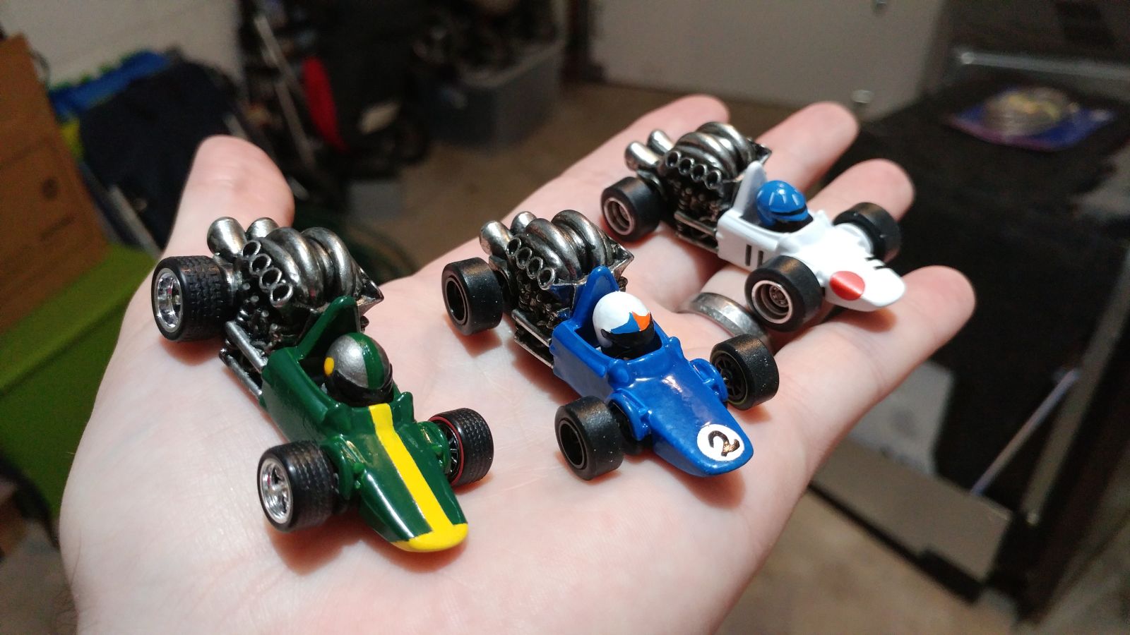 I have since added some meatballs and racing numbers to the “Lotus” and will paint the mirrors on all three of these silver at some point soon.