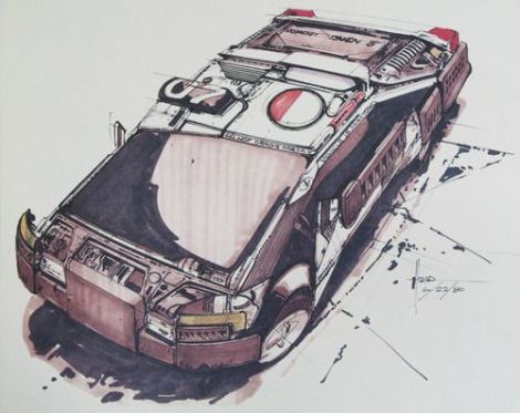One of Mead’s production sketches of Deckard’s car.