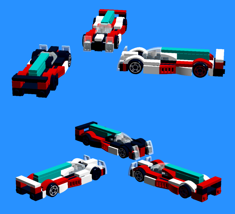 Audi-34 (Fassler, Lotterer, Treluyer; black with red highlights and teal fin), Audi-35 (di Grassi, Abt, Ekstrom; white with red highlights and teal fin), and Audi-36 (Jarvis, Rast, Duval; red with white fenders and teal fin).