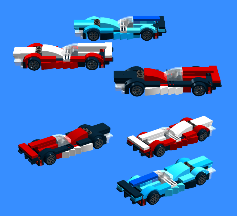 Defending champions Nissan-1 (Mardenborough, Ordonez, Dekranowitcsz; Red with white middle), runner-up Nissan-2 (Akaragi, Kagarogi, Elliott; black with white power dome, fin and wing), and Calsonic-30 (Vidal, Ortelli, Zschekxoff; blue hues in tessellated patterns)
