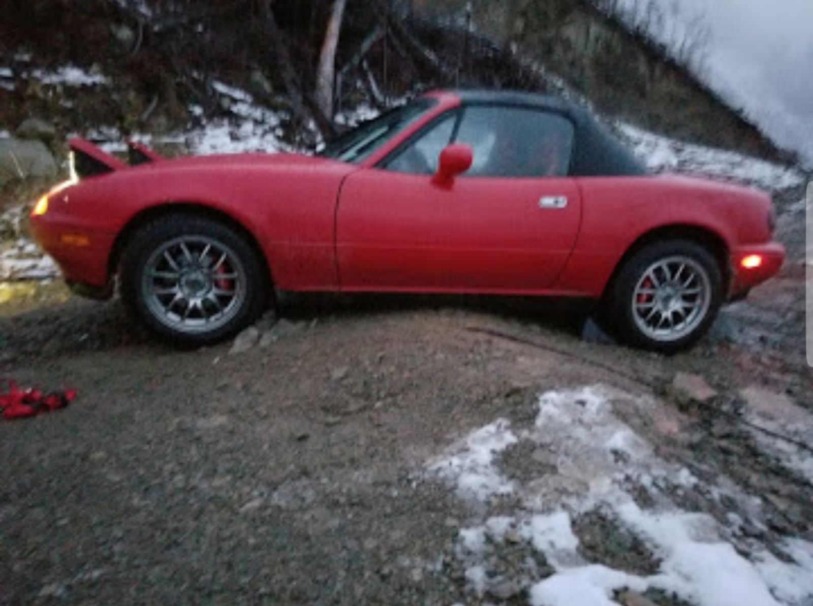 You all probably remember this one. Oppo’s first high-centered Miata. Luckily there was someone with me, as it was getting dark and snowing heavily high up a mountain on a forest service road