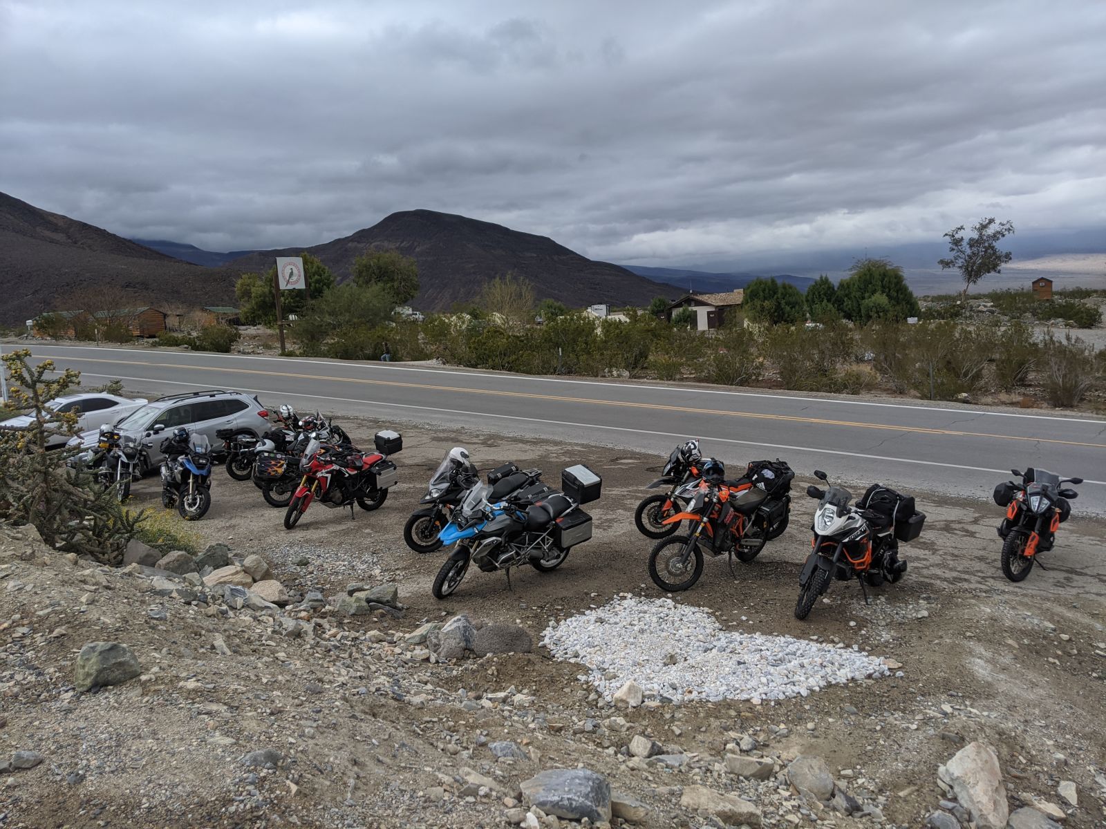 Illustration for article titled Death Valley for lunch yesterday, so many ADV bikes!