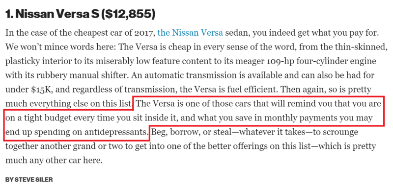 Illustration for article titled The Versa is one of those cars that will remind you that you are on a tight budget every time you sit inside it, and what you save in monthly payments you may end up spending on antidepressants. em/em
