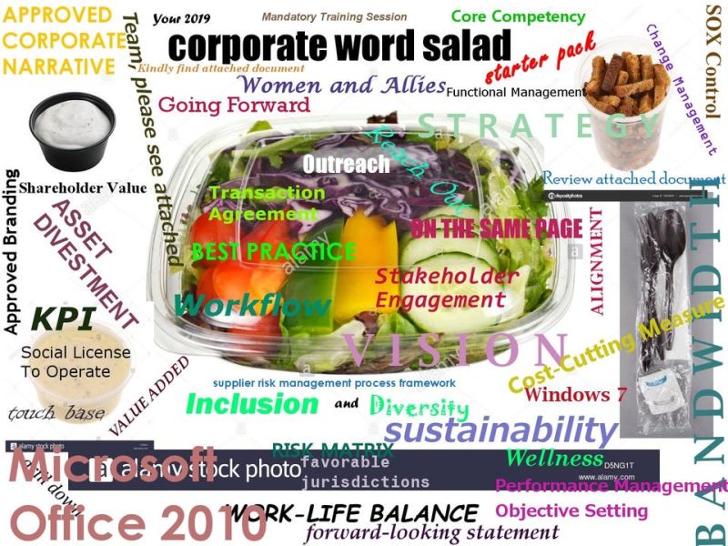 Random corporate buzzwords on top of a picture of a salad