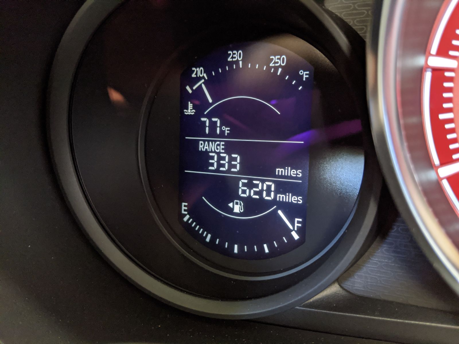 The book says 620 miles / 1,000 km which is the current exact odometer reading