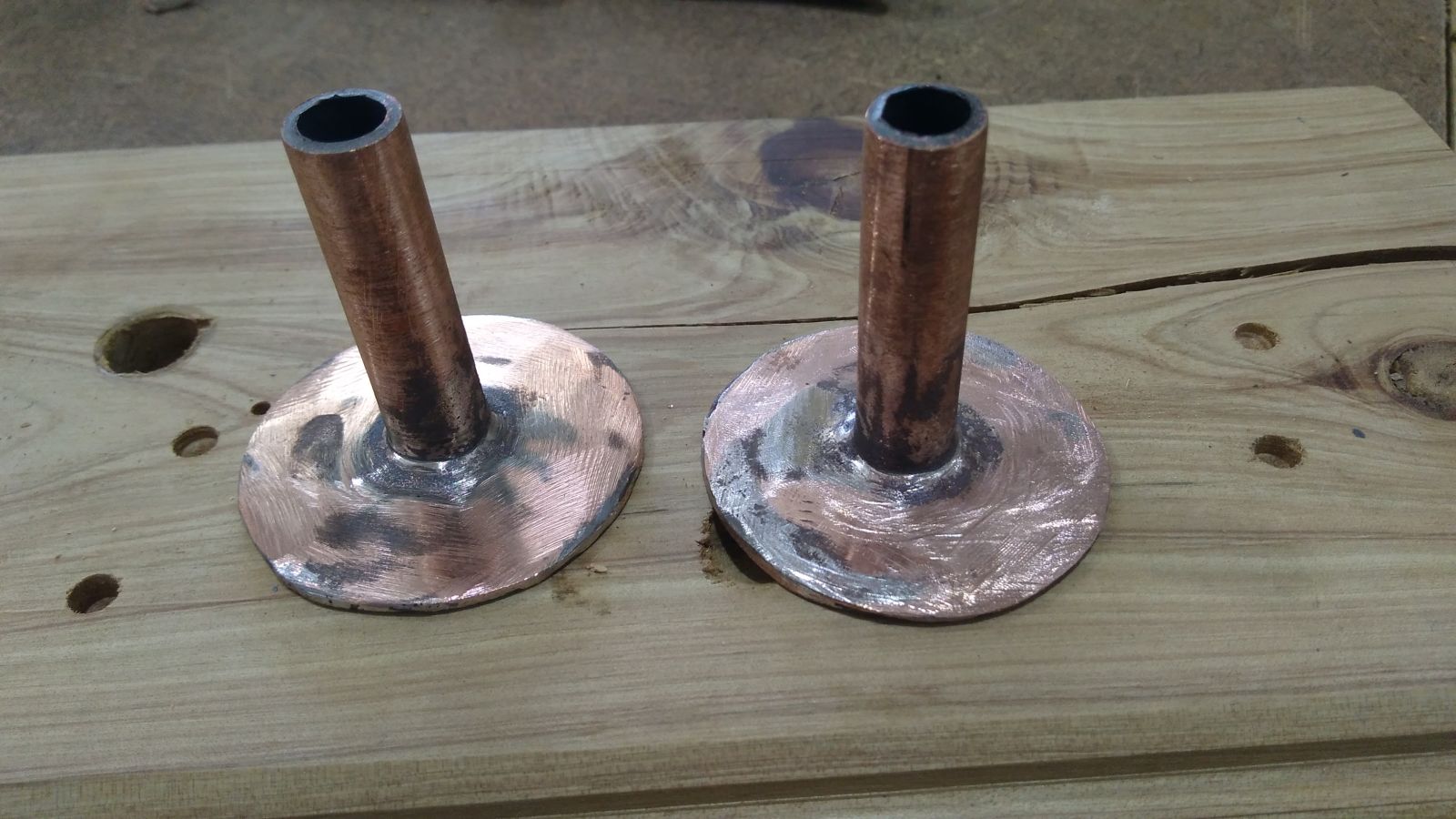 You have to start with good foundations. These are each made of two pieces of 3/8&quot; copper pipe opened up, flattened out and then one was drilled for the 1/2&quot; leg and then flanged to give the brazing something to grip to. The other one was brazed on afterwards...