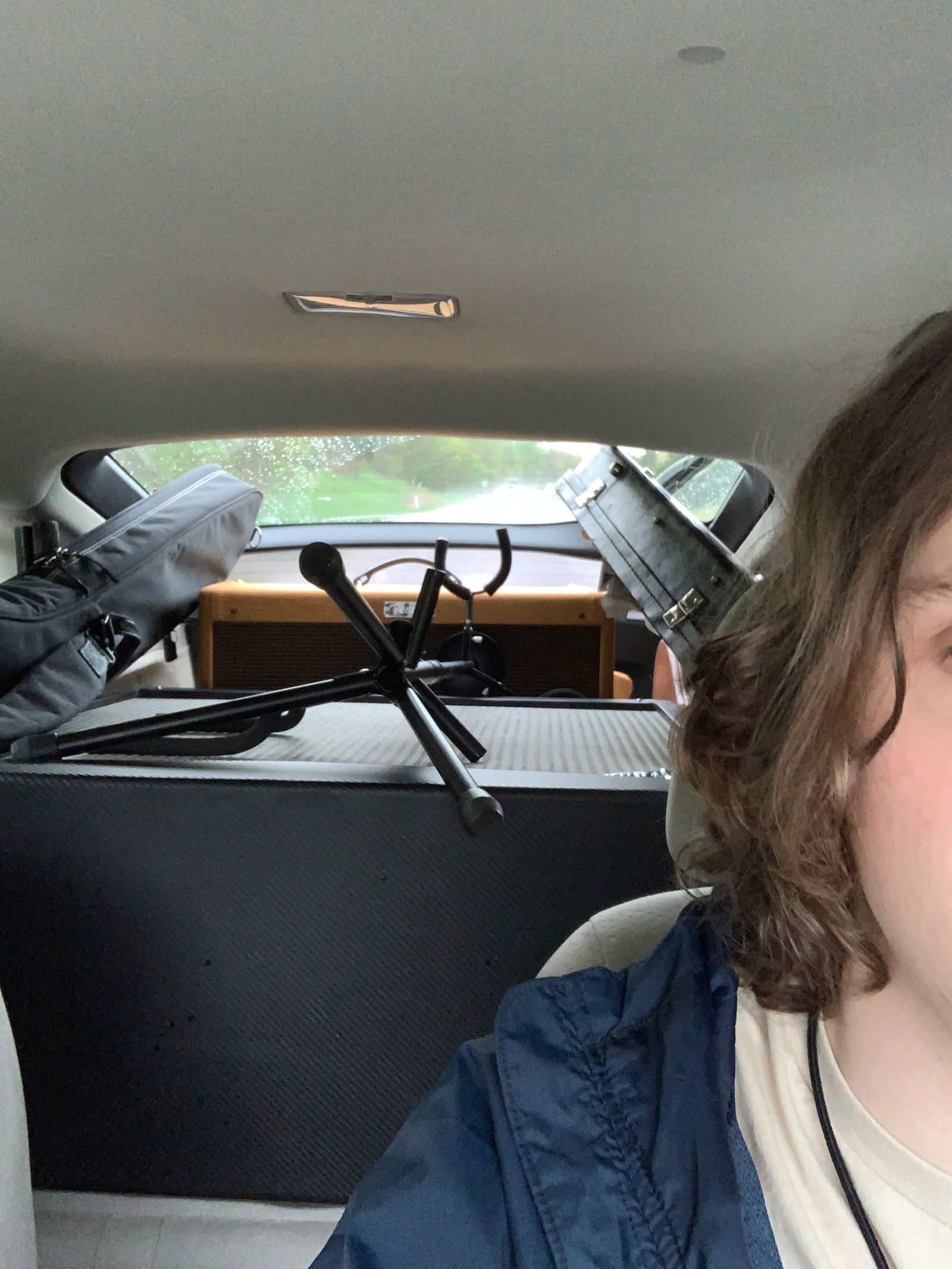 Two guitars, a bass, a Fender Deluxe Amp, and a bass cabinet in the back of the Prius.