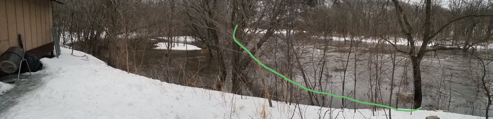 The green line is where the river usually is. I usually mow some of the area to the left of it. Some spots of this are over 4ft deep now I think. Not going to find out.