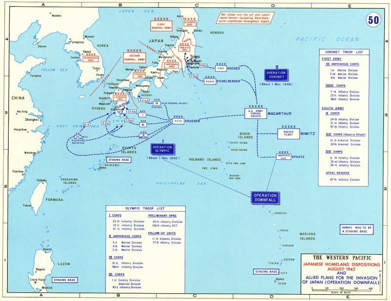 A map of Operation Downfall, the planned invasion of Japan. The US Amy estimated that as many as 800,000 US troops would die if the invasion went forward. (US Army)