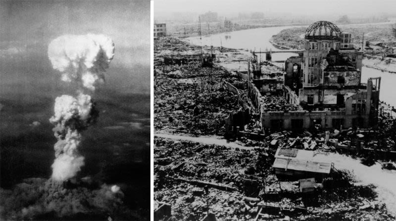 The atomic mushroom cloud over Hiroshima, and the ruins of the Hiroshima Prefectural Industrial Promotion Hall. (US Air Force; Hiroshima Peace Memorial Museum)