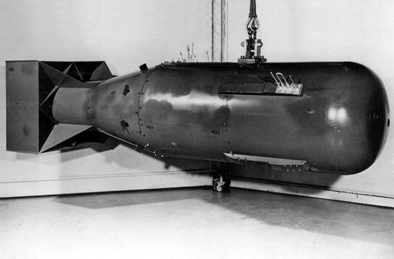 A mockup of the Little Boy atomic bomb. Released in 1960, this was the first photo of the device to be shown publicly. (US Department of Energy)