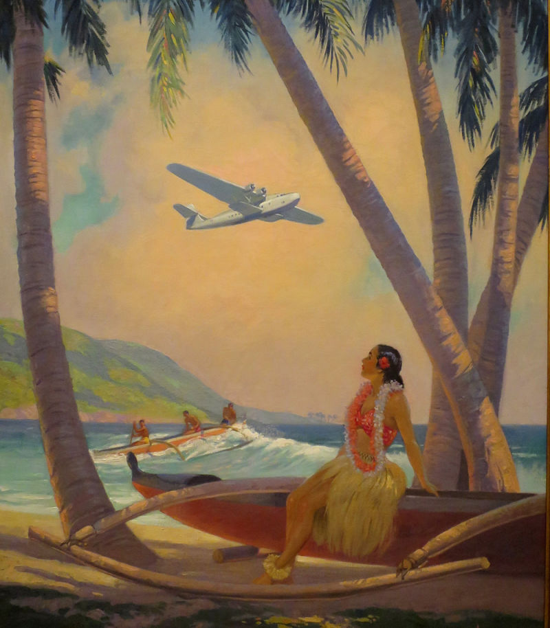 Where Progress and Romance Meet, Featuring a Boeing 314 soaring over a Hawaiian beach, this 1939 painting by Ruehl Frederick Heckman depicts the meeting of the modern and the exotic as the world continued to shrink. (Ruehl Frederick Heckman)