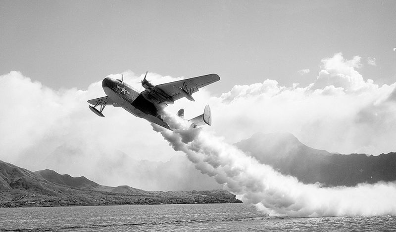 A Martin PBM Mariner performs a rocket-assisted takeoff in 1944 (US Navy)