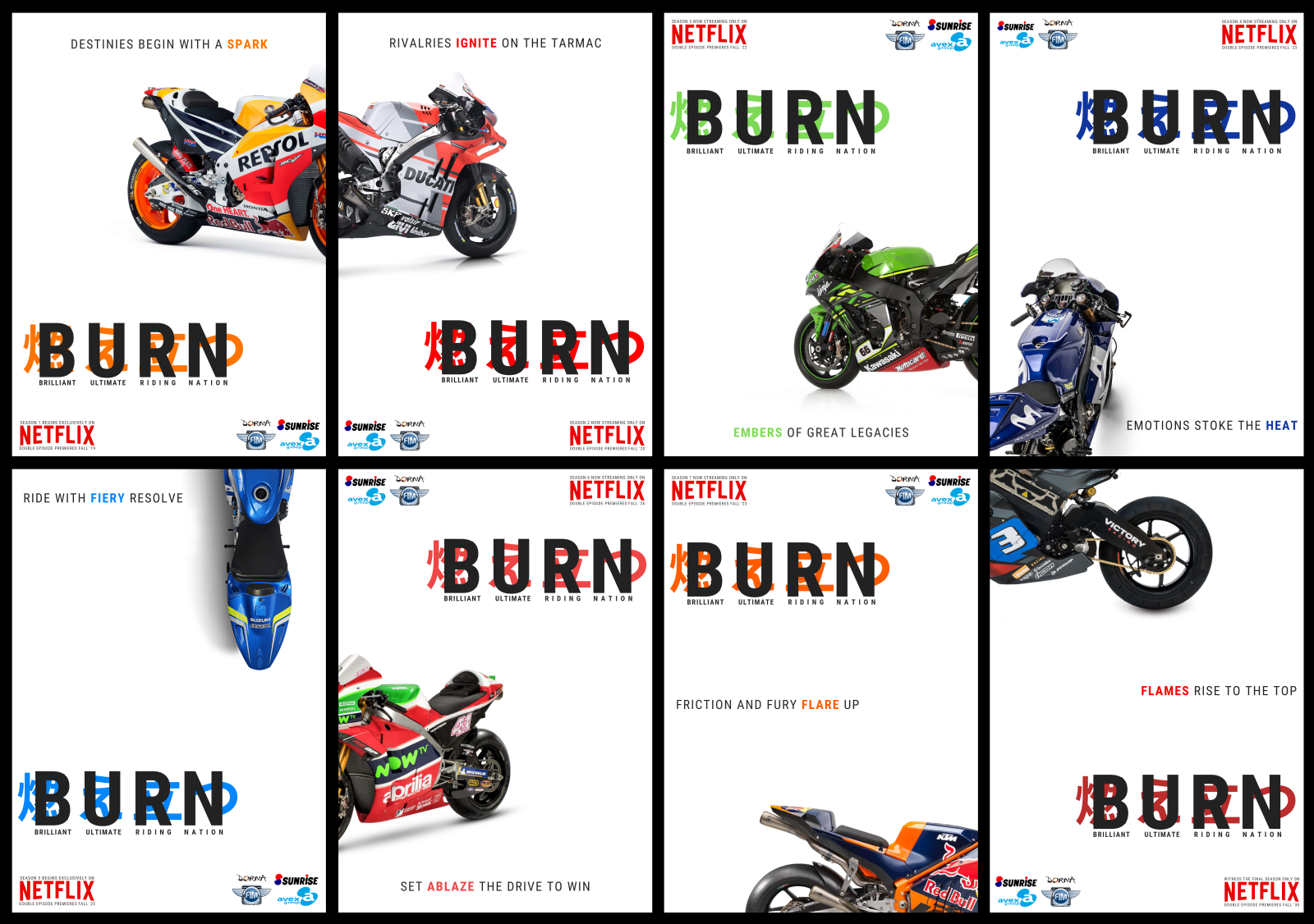 I have since updated my season pitch to include two extra seasons (more below), which means two new posters—denoted by the Aprilia and KTM bikes seen in the second row. I’ll share these posters on social media with additional disclaimers. Posters are OC; photos of bikes from the media archives of the teams shown.
