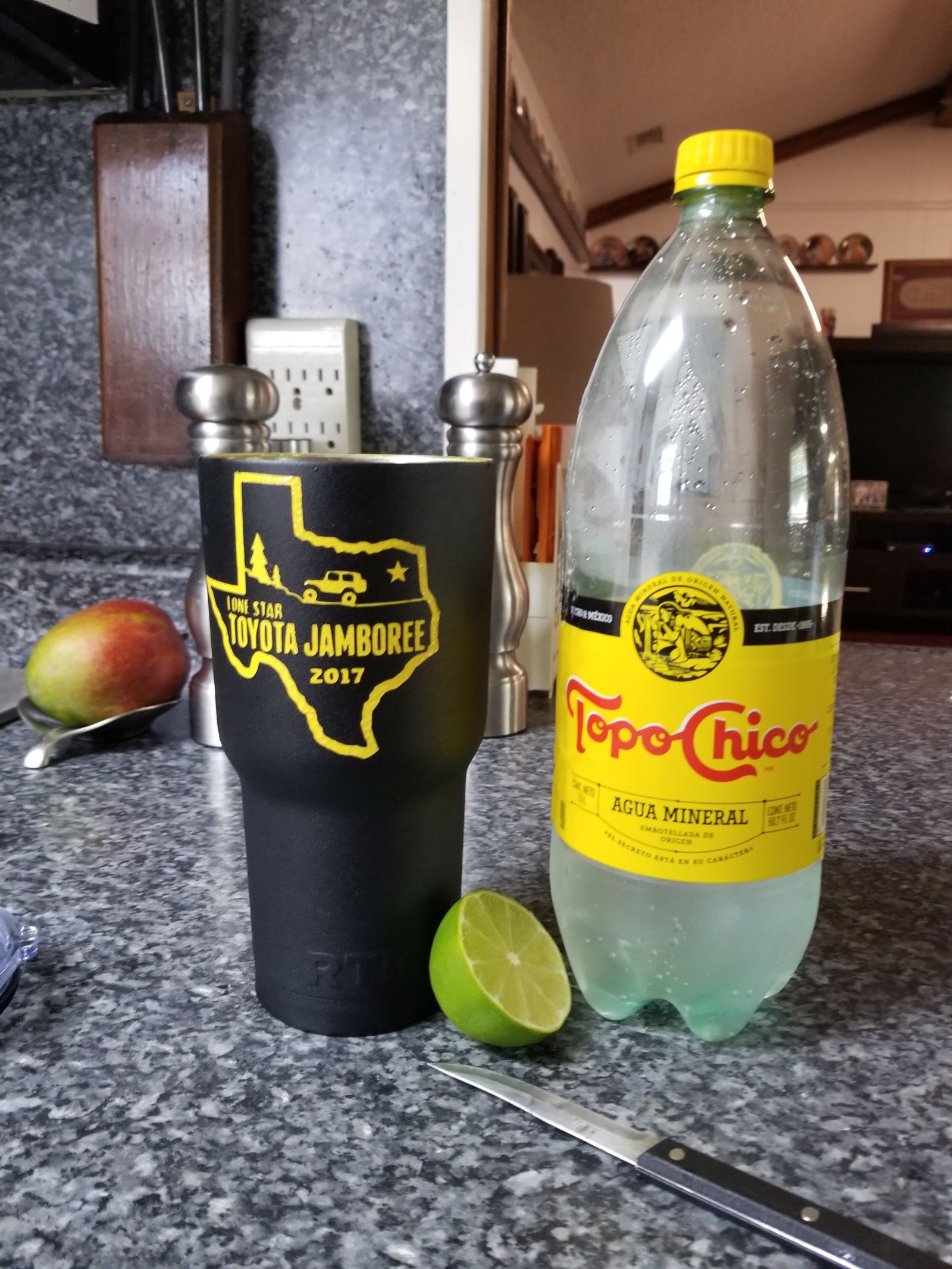 Topo Chico and a fresh lime in my Rtic cup I won at the Lone Star Toyota Jamboree.