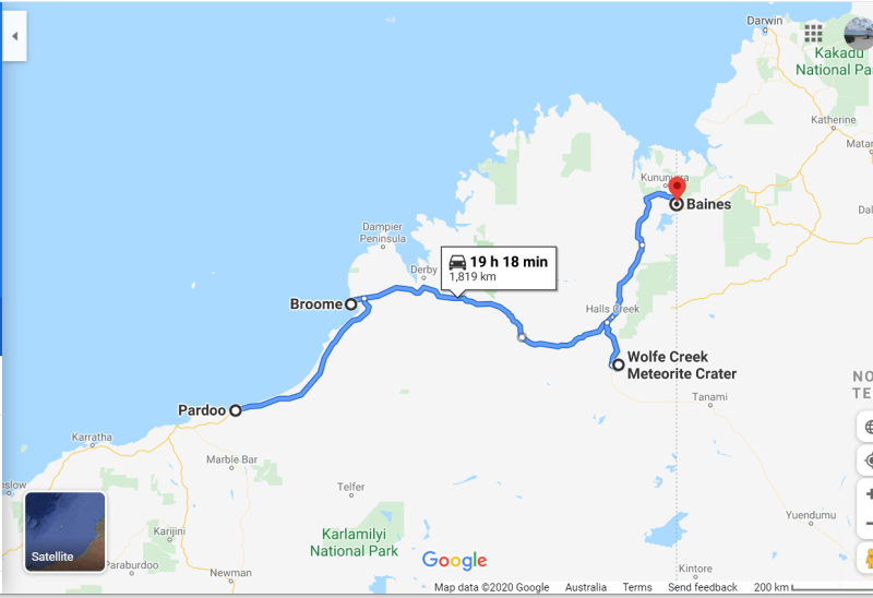 Not our route, google won’t draw that as usual. However roughly where we were, although we crossed east in the NT before heading back into WA.