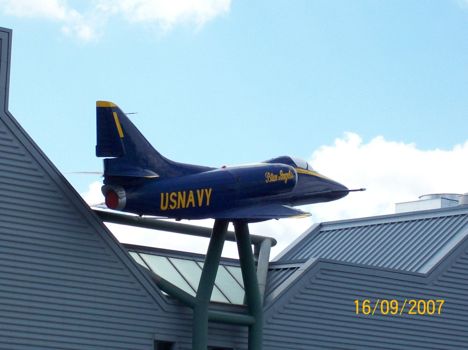 A Douglas A-4 Skyhawk, painted in Blue Angels colors.
