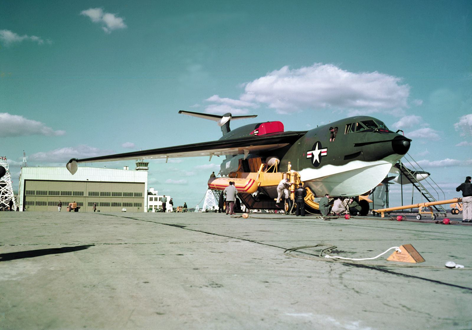 A P6M-2 loaded on to the beaching trolley