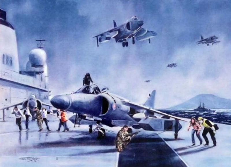Harriers carrying evacuees in EXINT pods land on an Invincible-class carrier