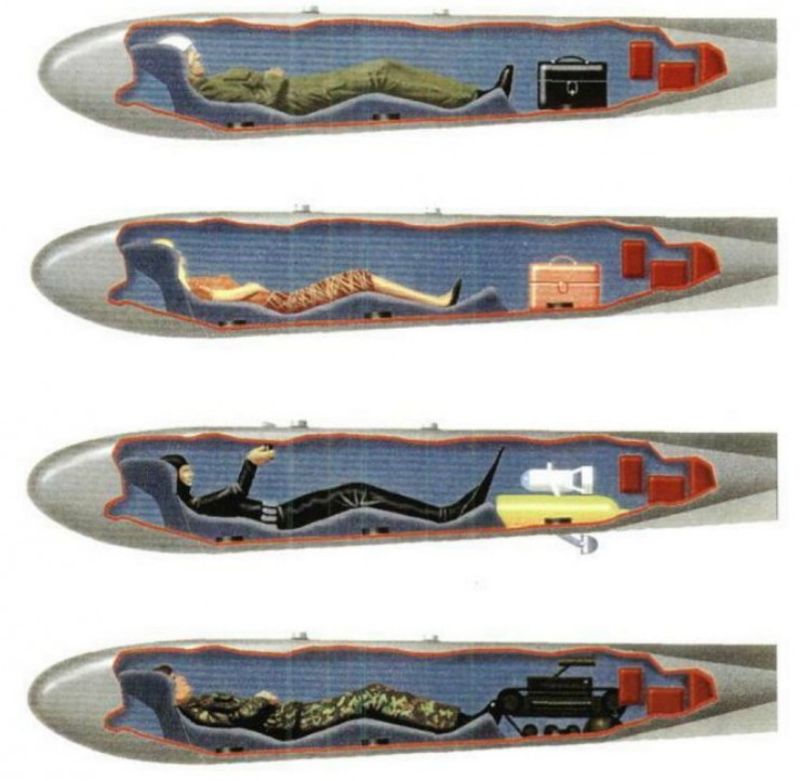 Cut-away art of EXINT pods showing passengers and cargo