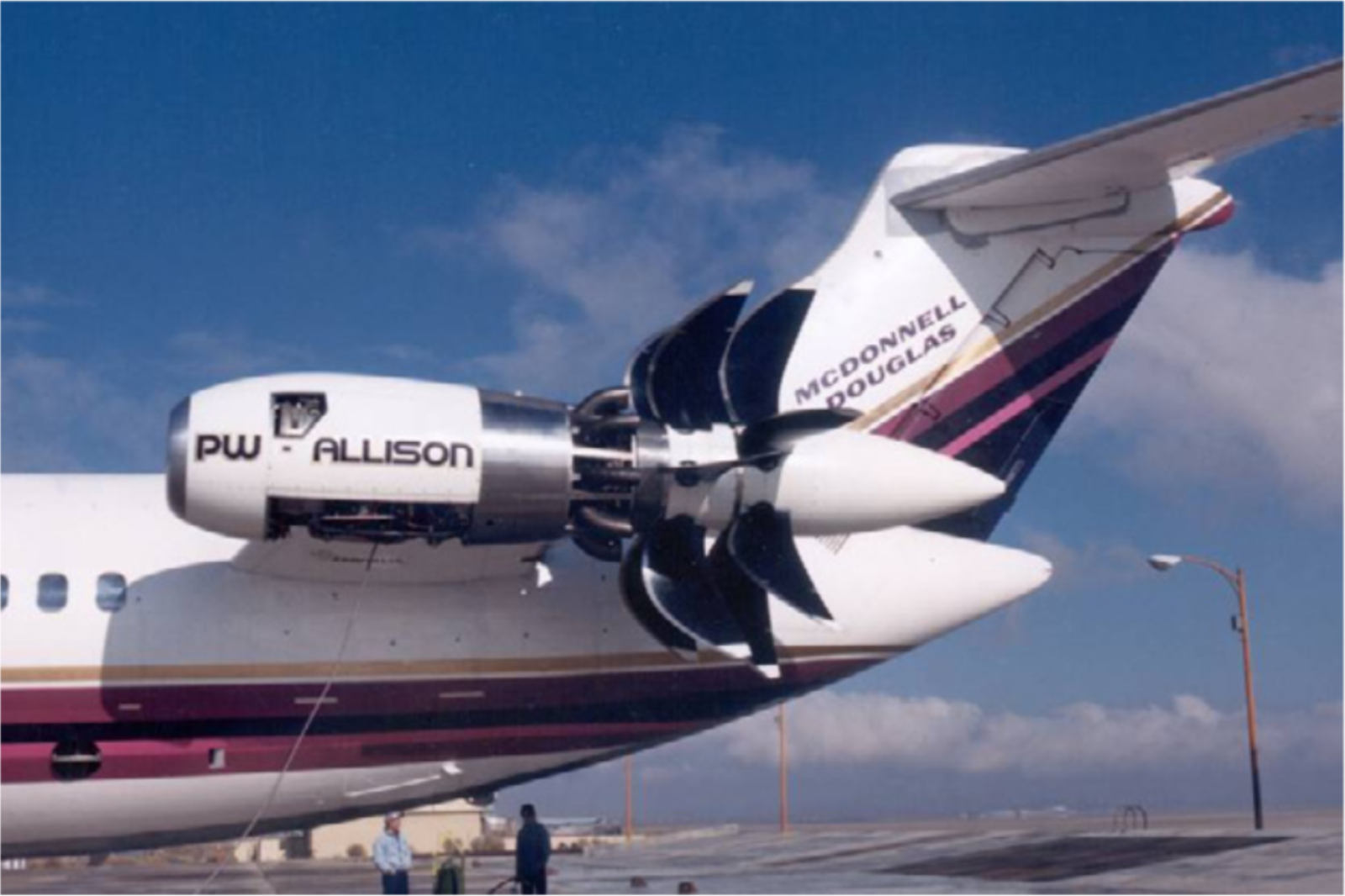 The Pratt &amp; Whitney-Allison 578–DX geared propfan demonstrator engine, installed on an MD-80 testbed aircraft.