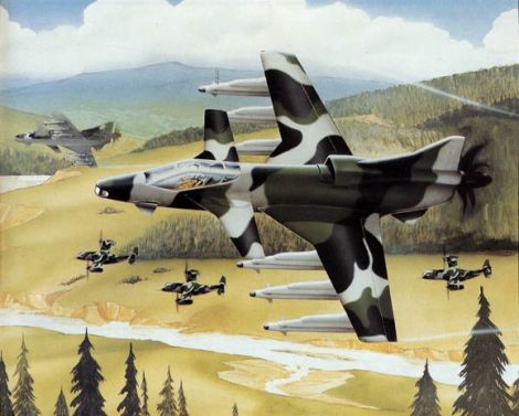Two P.1233-1 escort a trio of V-22 Osprey in this artist’s conception