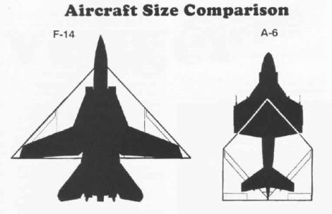 Line drawings of the A-12, with wings extended and folded, overlaid against the F-14 and A-6