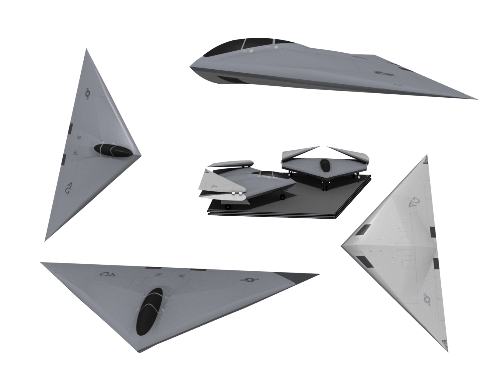 CGI rendering of the A-12 showing various elevations as well as the folding wings