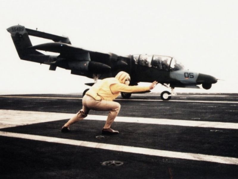 A USMC OV-10D launching from the carrier USS Roosevelt in support of Operation DESERT STORM in 1991