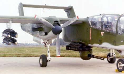 An OV-10 armed with Hellfire anti-tank missiles and the gun turret 