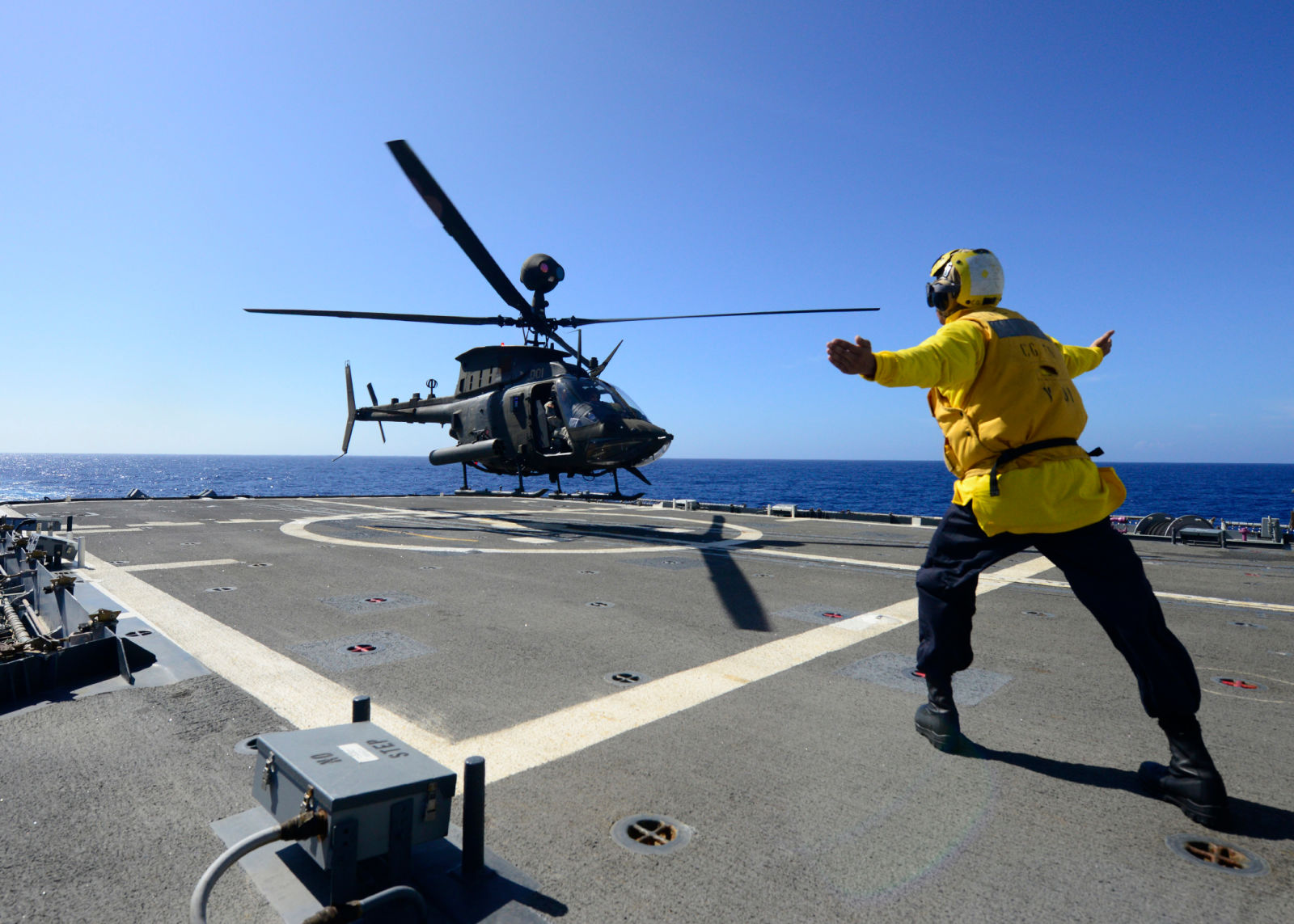 An OH-58D Kiowa Warrior operating from the USS Lake Erie during a joint-training operation.