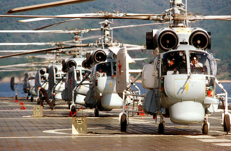 Ka-27 helicopters on the deck of the Novorossiisk 