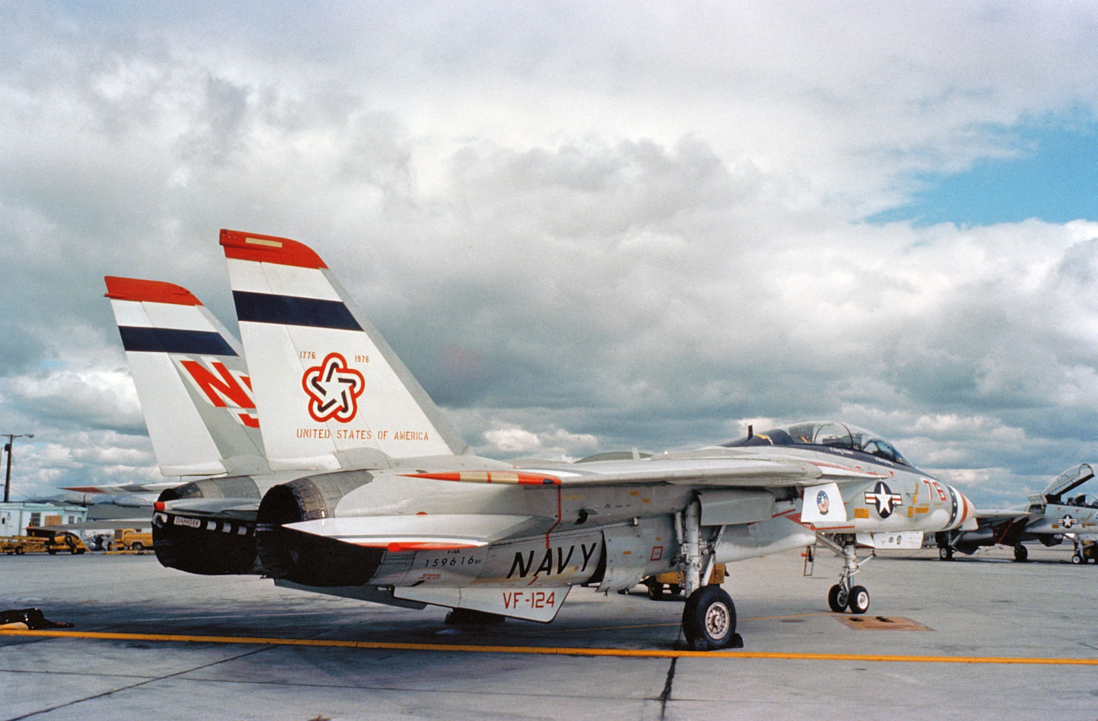U.S. Navy Grumman F-14A Tomcat aircraft (BuNo 159616) of fleet replacement squadron VF-124 Gunfighters parked on the flight line at Naval Air Station Miramar, California (USA), on 1 April 1976.