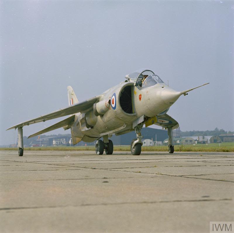 A Hawker Siddeley P.1127 after landing vertically on the test pad at Dunsfold.