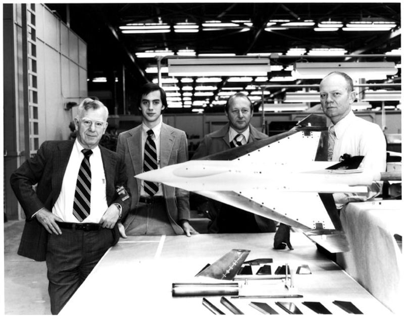 Original development team for F-16 SCAMP (Model 400), later designated F-16XL. Pictured from left to right: Harry Hillaker, Program Manager; Andrew Lewis, Aerodynamics; Kenny Barnes, Stability and Control; Jim Gordon, Program Engineer. Circa 1978.