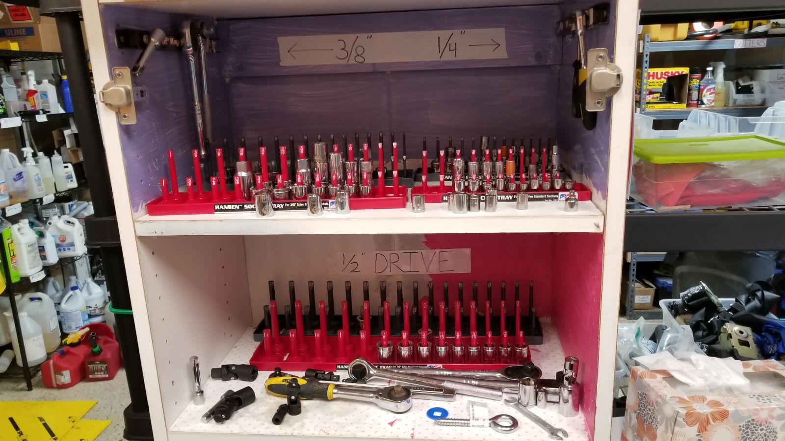 Prior to this setup there were 9 different socket sets, all of which were missing 60% of the sockets. And the socket sets were allllll over the place. Now they have a spot and life is good. 