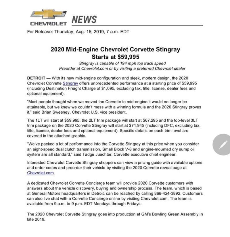 Illustration for article titled 2020 Mid-Engine Chevrolet Corvette Stingray Starts at $59,995