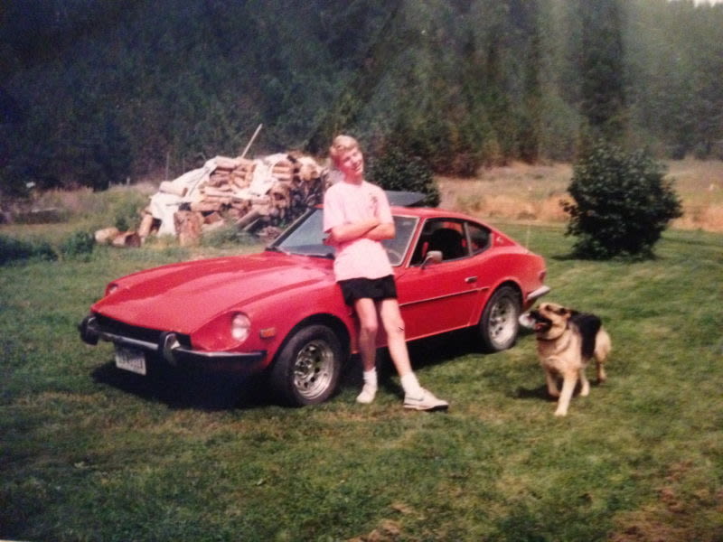 Me proudly displaying my first Datsun days after purchase (Spooky the dog)