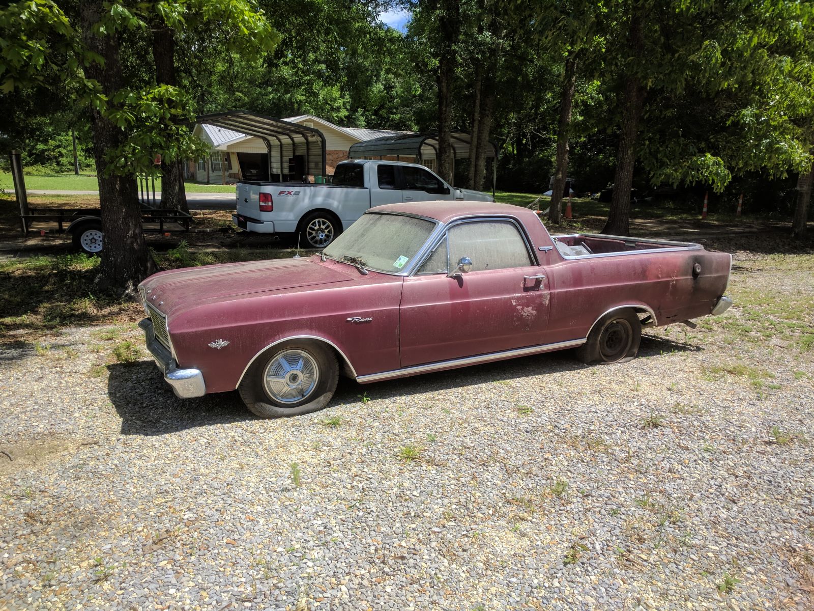 Illustration for article titled May have found my next project, 1966 Ranchero 289 v8 A/C 1 year only body style. A little rust in the quarter panels. I think this is a very rare find. negotiating price with owner, whats it worth? Ran when parked LOL
