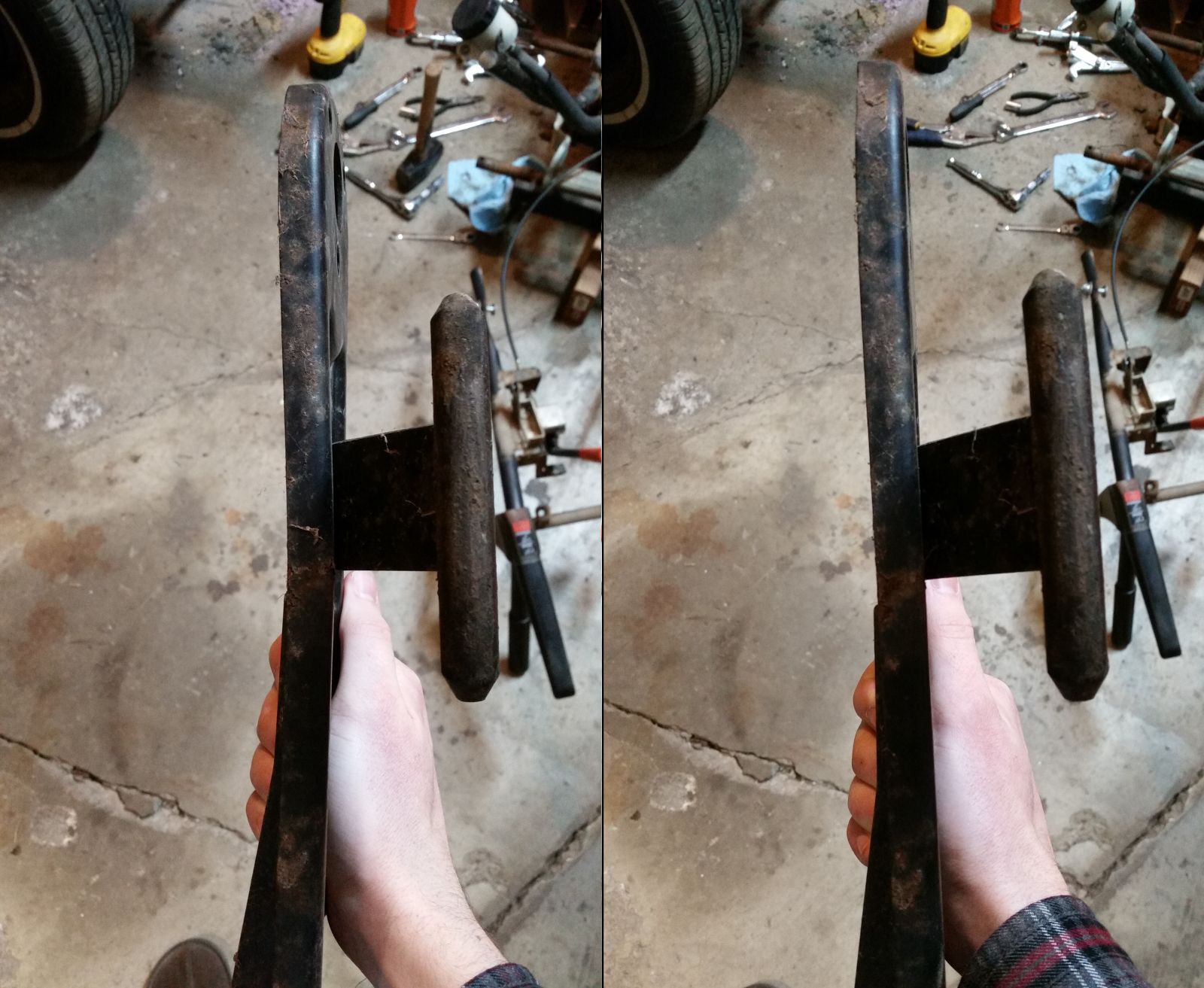 This was twisted and bowed, and is now back how it should be. The right side is the face that matters; the depth of the folded part varies so the left edge still looks wonky. This was more vice-and-crowbar than hammer-and-anvil.
