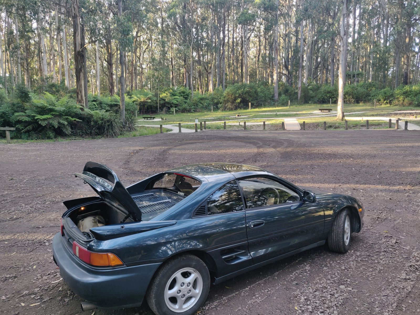 Checking out a campsite for later use, camping isn’t allowed for a few more days.
Some dickhead’s come and torn up the freshly laid gravel to lay circles! In unrelated news the MR2 does great first gear hoops