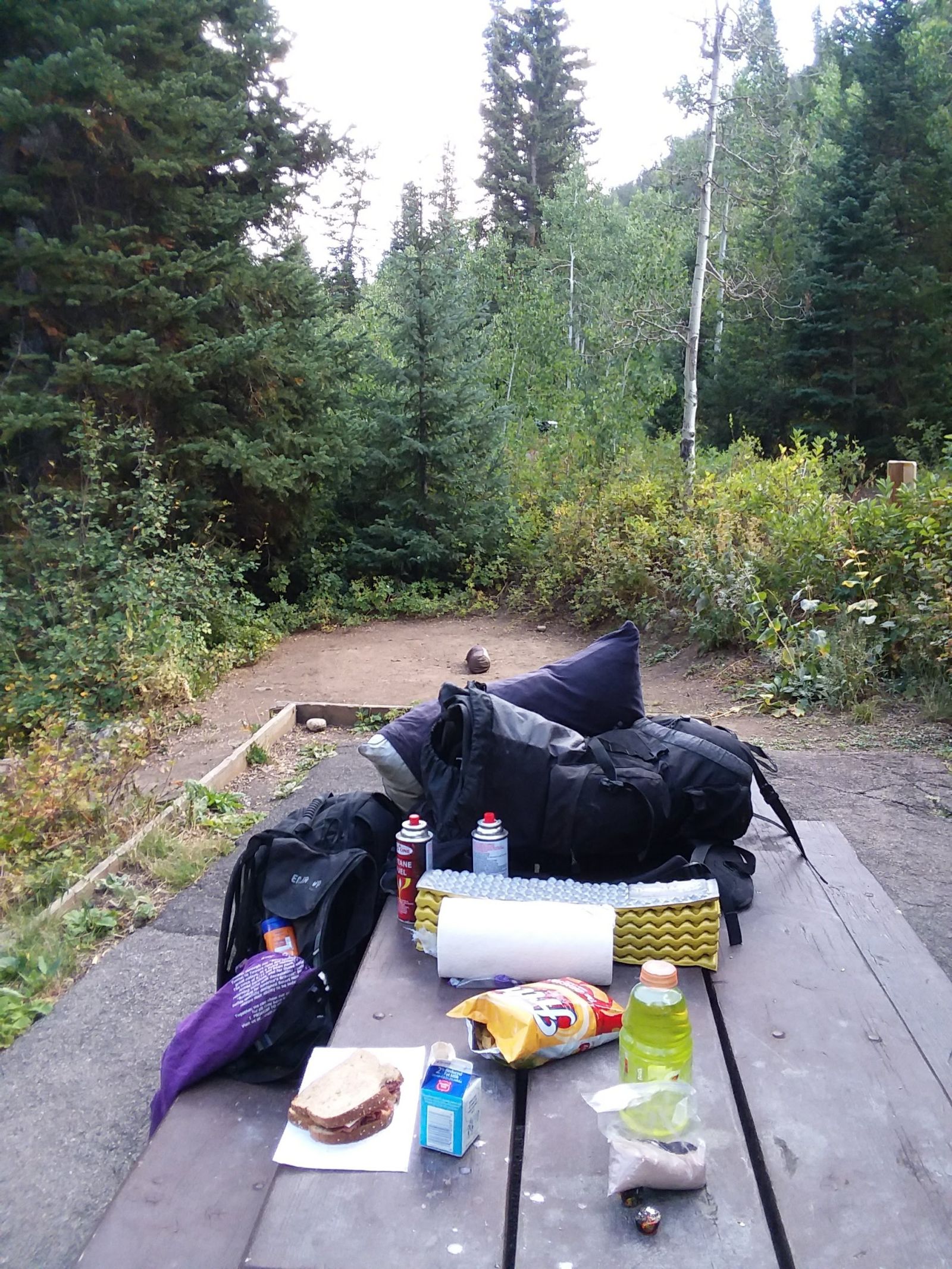 First order of business at my campsite was LUNCH. I had a pastrami and pepper jack cheese sandwich along with a protein shake (homemade in a milk carton and some whey chocolate powder. Also some much needed gatorade and a side of fritos. 