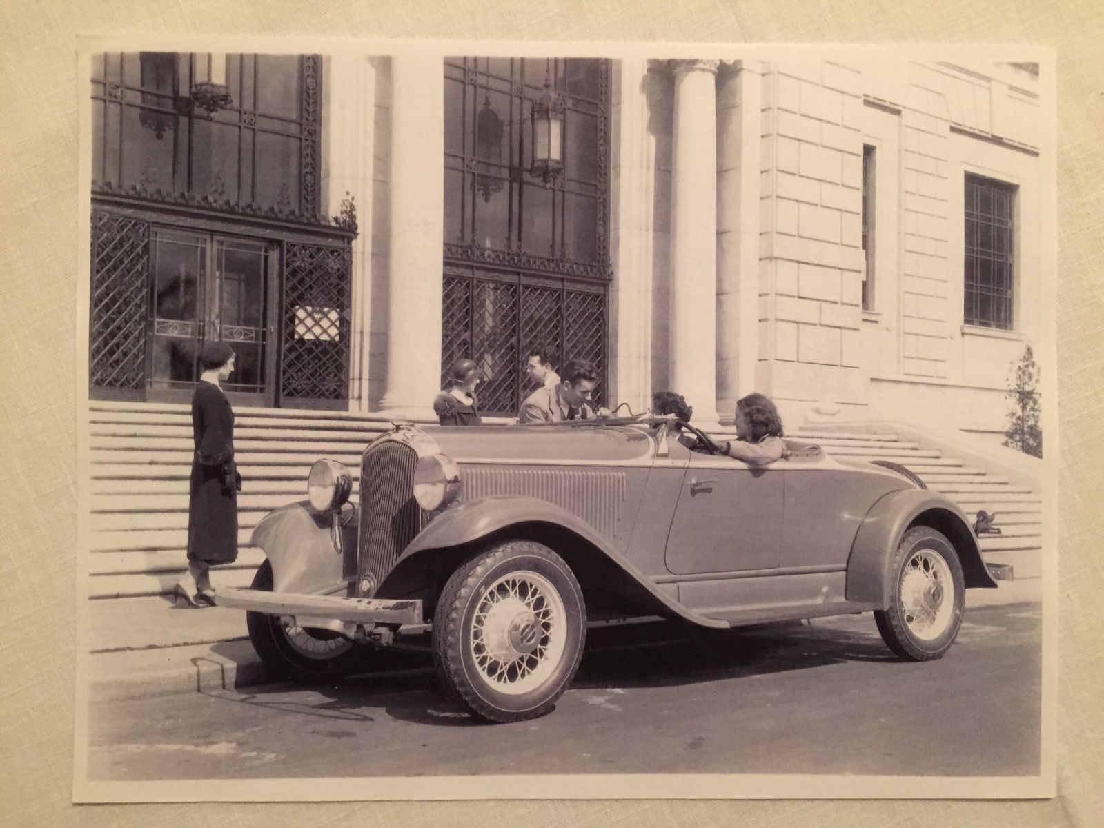 1932 Plymouth PB Sports Roadster in front of the Woodward Avenue entrance to the DIA