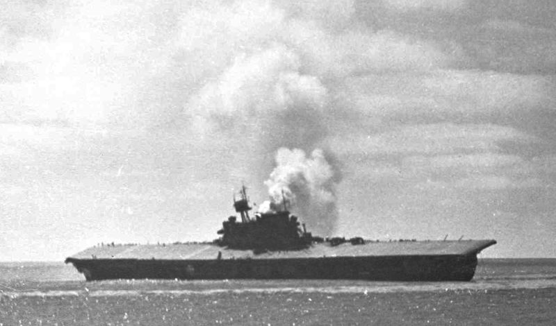 The Yorktown, on fire and listing to port, after being struck by three bombs and two torpedoes. Yorktown was eventually sunk by torpedoes from the Japanese submarine I-168, which was in turn sunk by the destroyer USS Scamp on July 27, 1943 (US Navy)