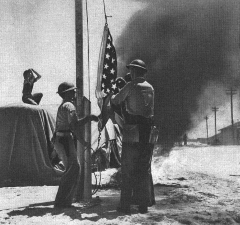 The attack on Midway began as US soldiers were in the middle of the morning flag-raising ceremony. (US Navy)