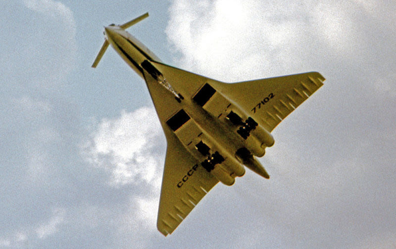 With its “mustache” canards extended, the Tu-144 performs at the 1973 Paris Air Show the day before it crashed. (RuthAS)