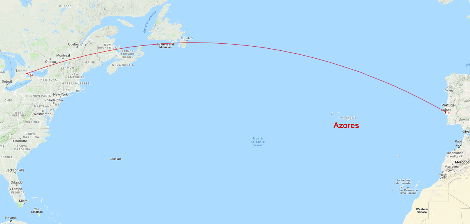 The planned route for Air Transat Flight 236 (Great Circle Mapper)