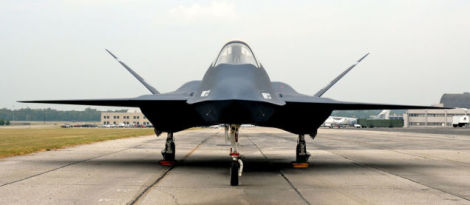 This head-on view of the YF-23 displays the stealthy design features of the radical air superiority fighter (US Air Force)